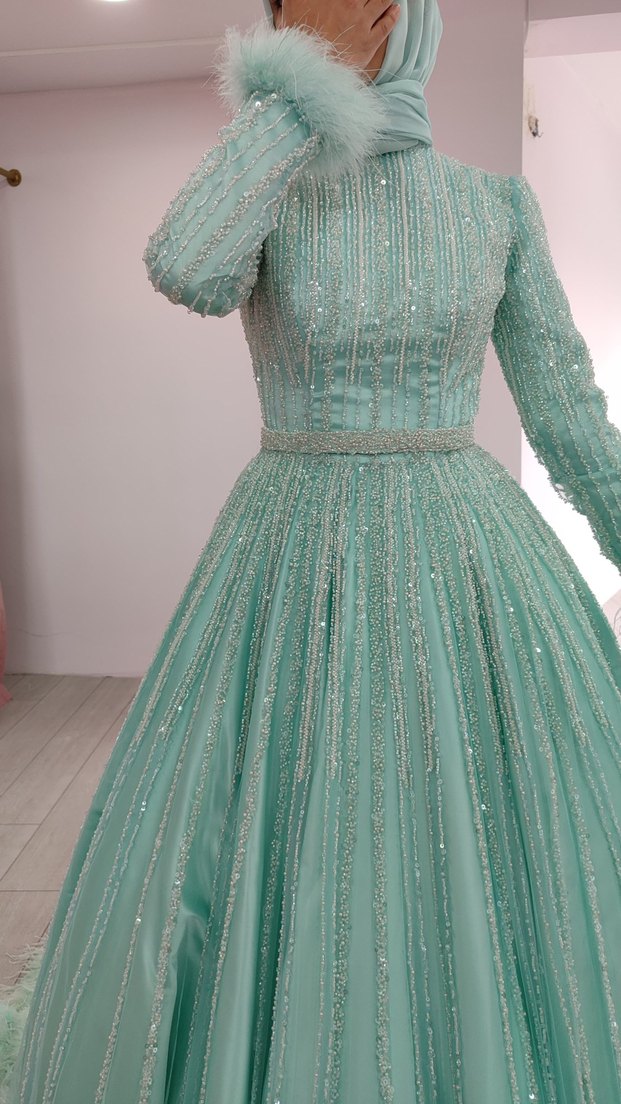 Turkuaz Uzun Kollu Drapeli Abiye Elbise - Görsel 2