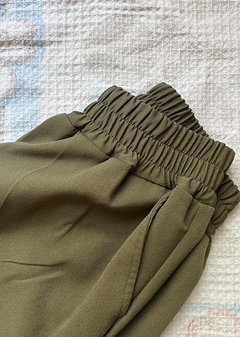 Kadın Haki Keten Pilili Rahat Pantolon