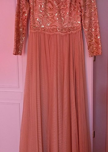 Uzun Kollu Pembe Nakışlı Vintage Abiye Elbise