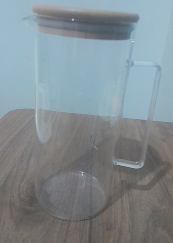 Bej Kapaklı Cam Çay Demliği yağdanlık bambu model