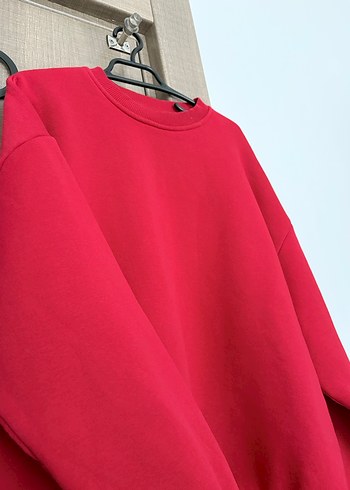 Kırmızı Kadın Sweatshirt, Bisiklet Yaka, Salaş - Görsel 2