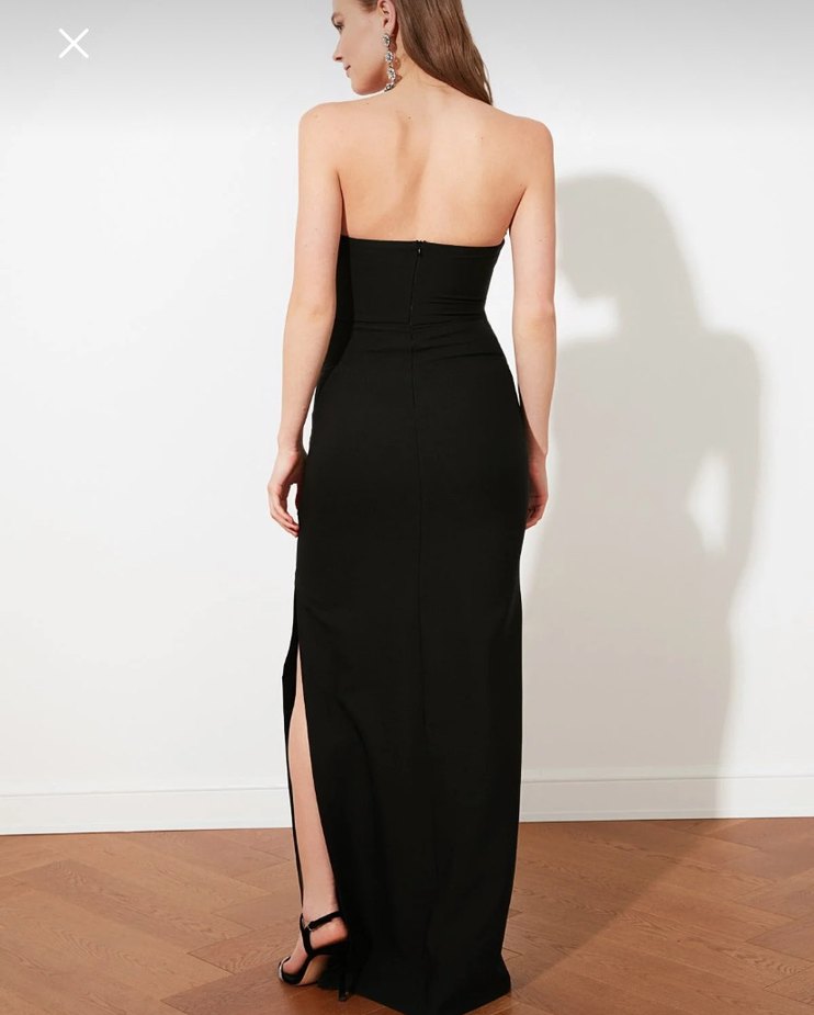 Siyah Straplez Uzun Drapeli Abiye Elbise - Görsel 4