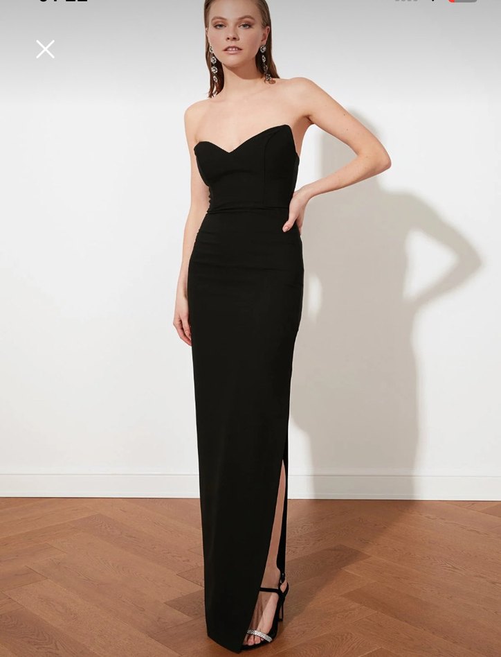 Siyah Straplez Uzun Drapeli Abiye Elbise - Görsel 3