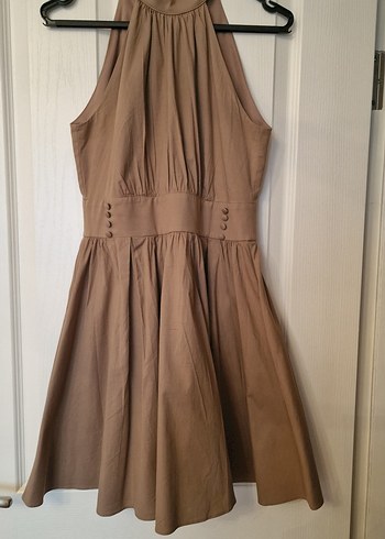 Bej Mini Kolsuz Yüksek Yakalı Pilili Elbise - Görsel 8