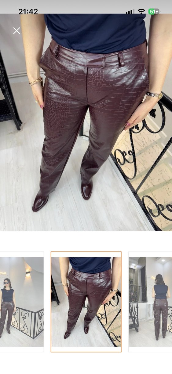 Kadın Bordo Parlak Deri Timsah Desenli Pantolon - Görsel 2