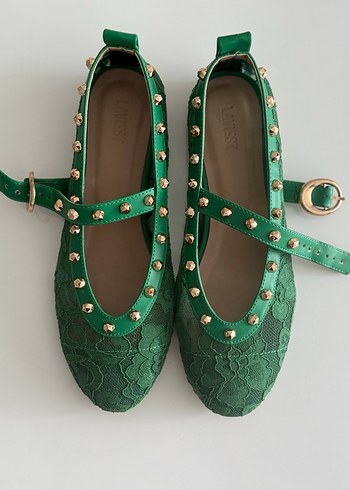 Yeşil Dantel Detaylı Blok Topuklu Kadın Babet - Görsel 2