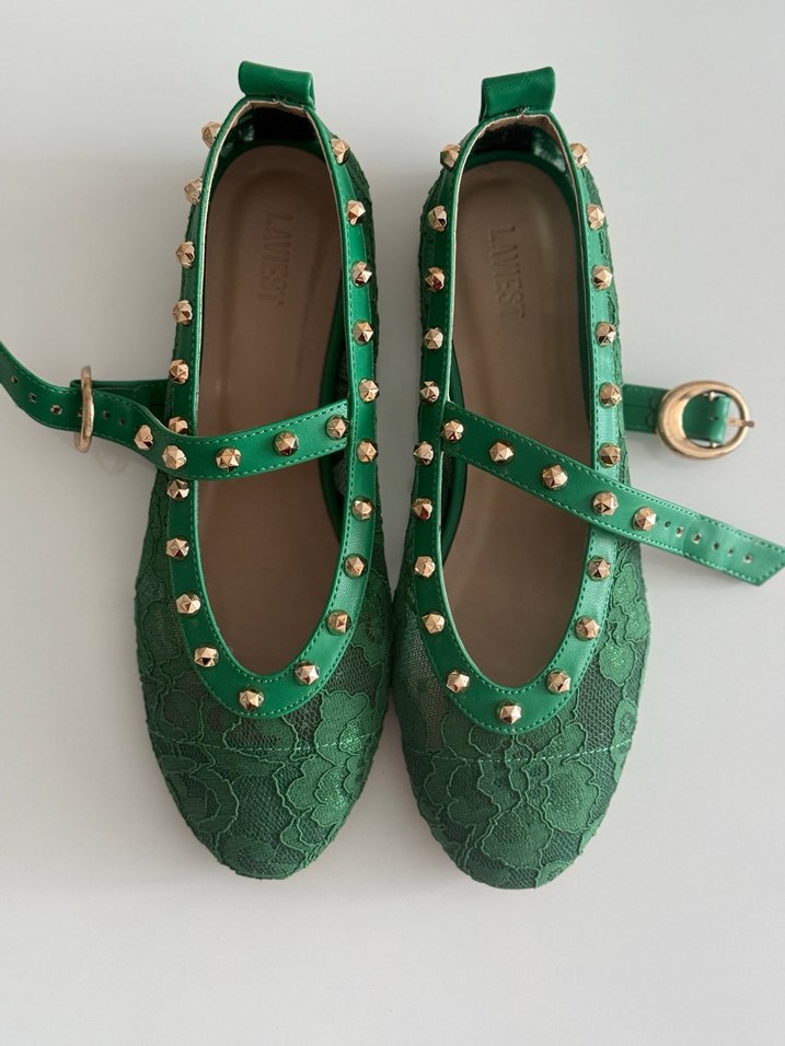 Yeşil Dantel Detaylı Blok Topuklu Kadın Babet - Görsel 2