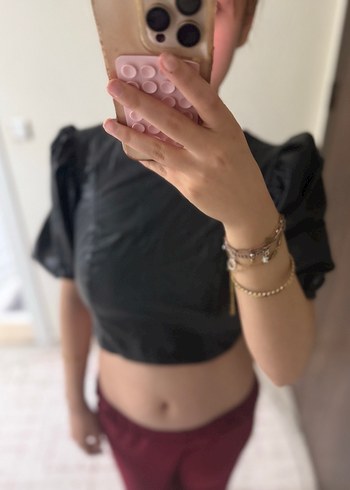 Kızlar için Siyah Deri sırt dekolteli crop - Görsel 2