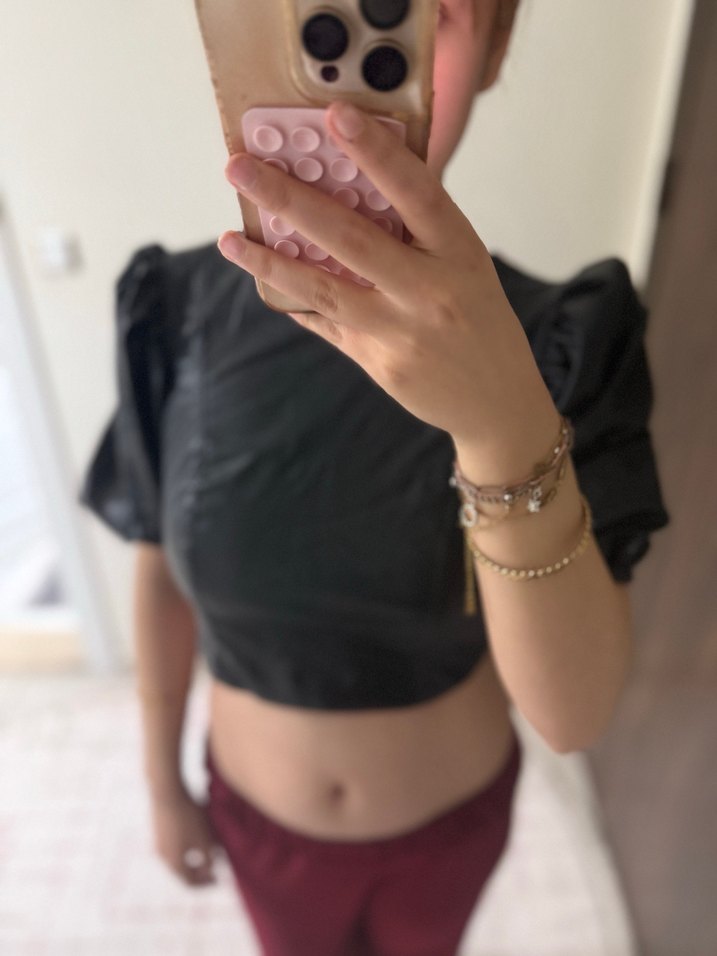 Kızlar için Siyah Deri sırt dekolteli crop - Görsel 2