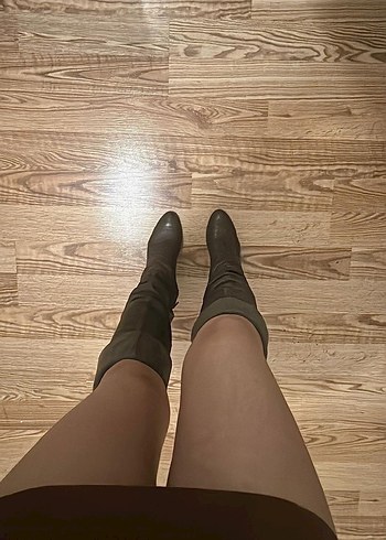 Gri Süet Dizüstü Stiletto Topuklu Kemerli Çizme - Görsel 2