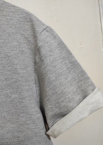 s Beden gri Renk Gri İnci Detaylı Kısa Kollu Crop Top