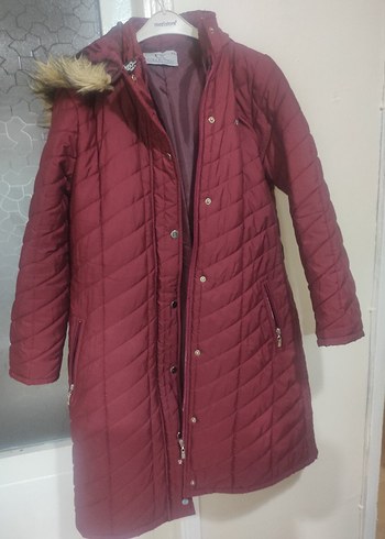 Bordo Uzun Kadın Kışlık Mont Kürklü Kapüşonlu