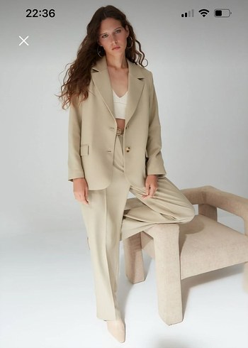 Bej Keten Blazer Ceket
