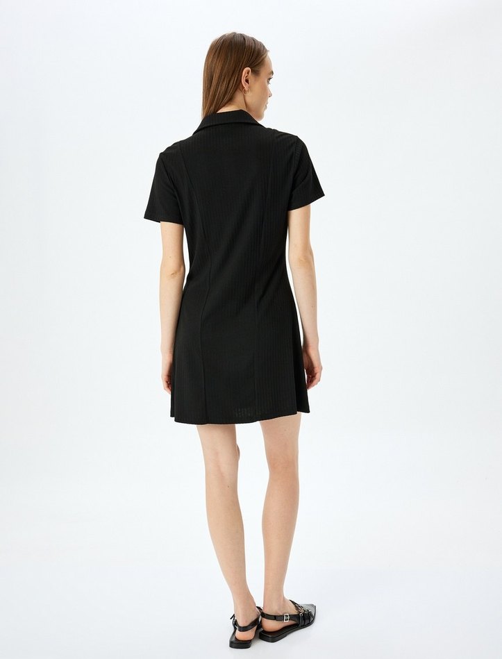 Siyah Polo Yaka Kısa Kollu Mini Elbise - Görsel 2