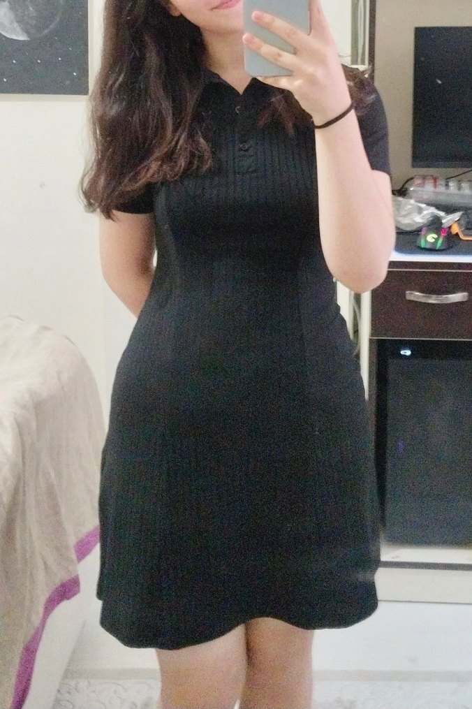 Siyah Polo Yaka Kısa Kollu Mini Elbise - Görsel 3