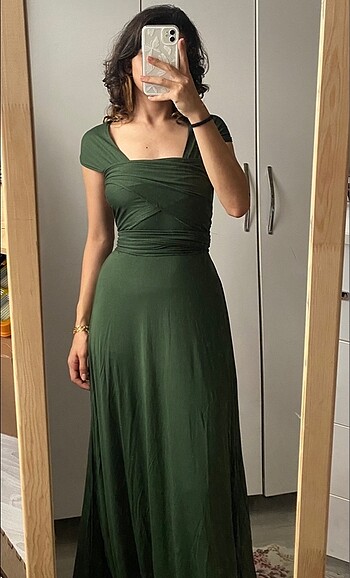 Haki Kuşaklı Bağlamalı Yırtmaçlı Uzun Plaj Elbisesi - Görsel 6