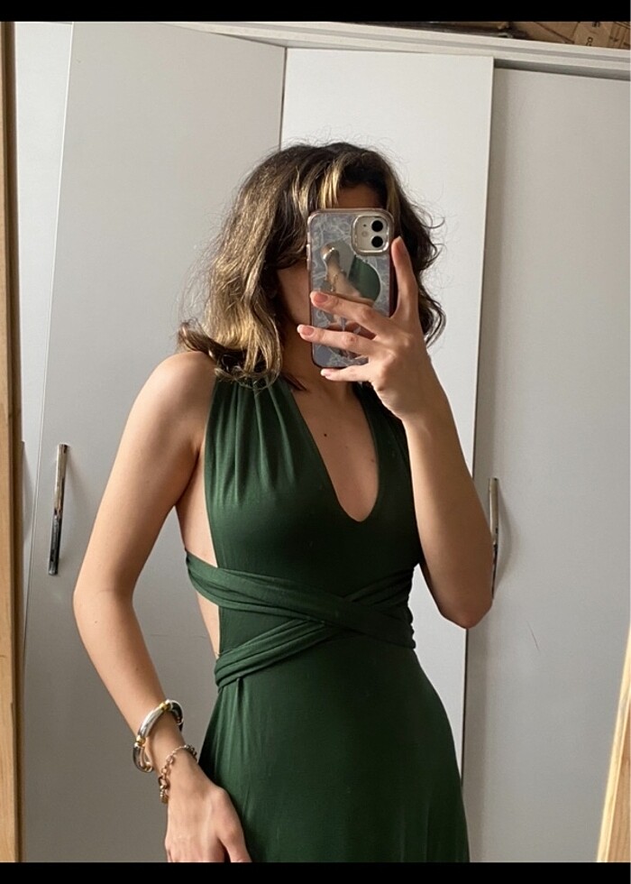 Haki Kuşaklı Bağlamalı Yırtmaçlı Uzun Plaj Elbisesi - Görsel 2