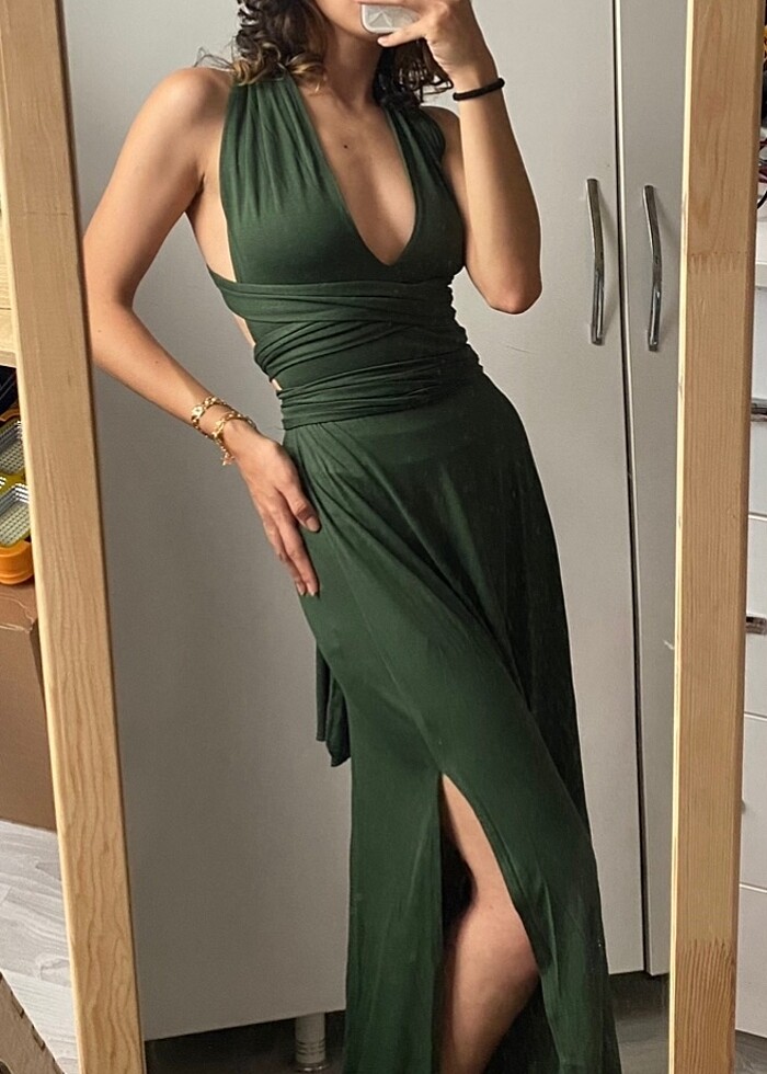 Haki Kuşaklı Bağlamalı Yırtmaçlı Uzun Plaj Elbisesi - Görsel 5