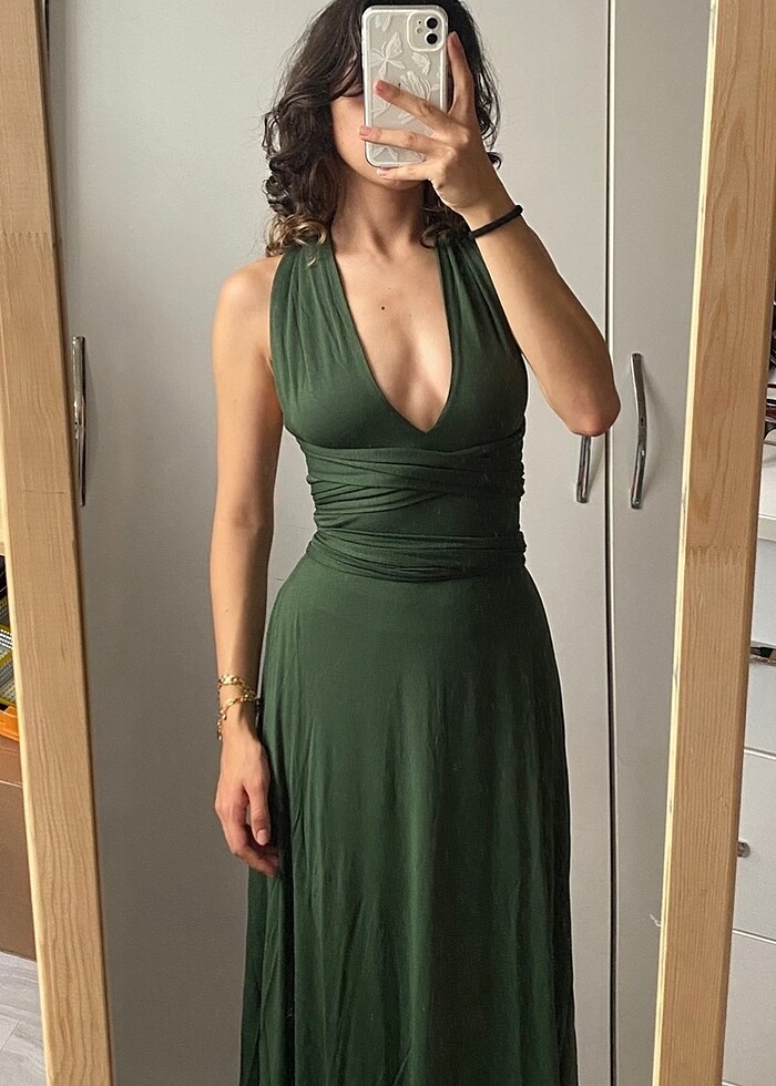 Haki Kuşaklı Bağlamalı Yırtmaçlı Uzun Plaj Elbisesi - Görsel 4