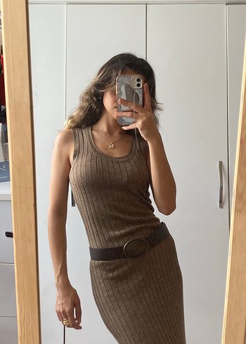Kahverengi Triko Midi Elbise - Görsel 2