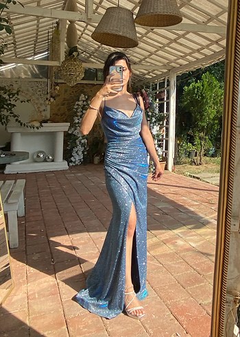 Simli Mavi Hologramlı Abiye Elbise - Görsel 2