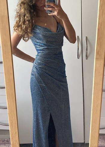 Simli Mavi Hologramlı Abiye Elbise - Görsel 3