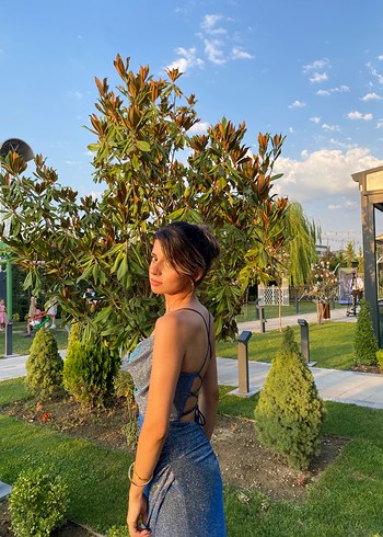 Simli Mavi Hologramlı Abiye Elbise - Görsel 5