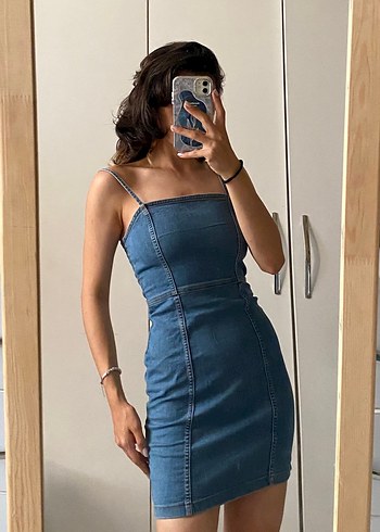 Askılı Kısa Kot Elbise - Görsel 2