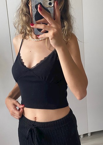 s Beden siyah Renk Siyah Dantel Detaylı Crop Atlet