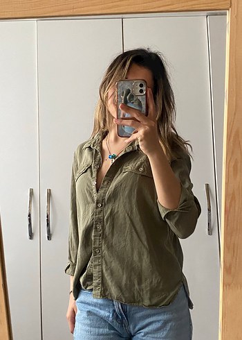 Haki Kadın Denim Gömlek - Görsel 3