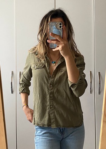 Haki Kadın Denim Gömlek - Görsel 2