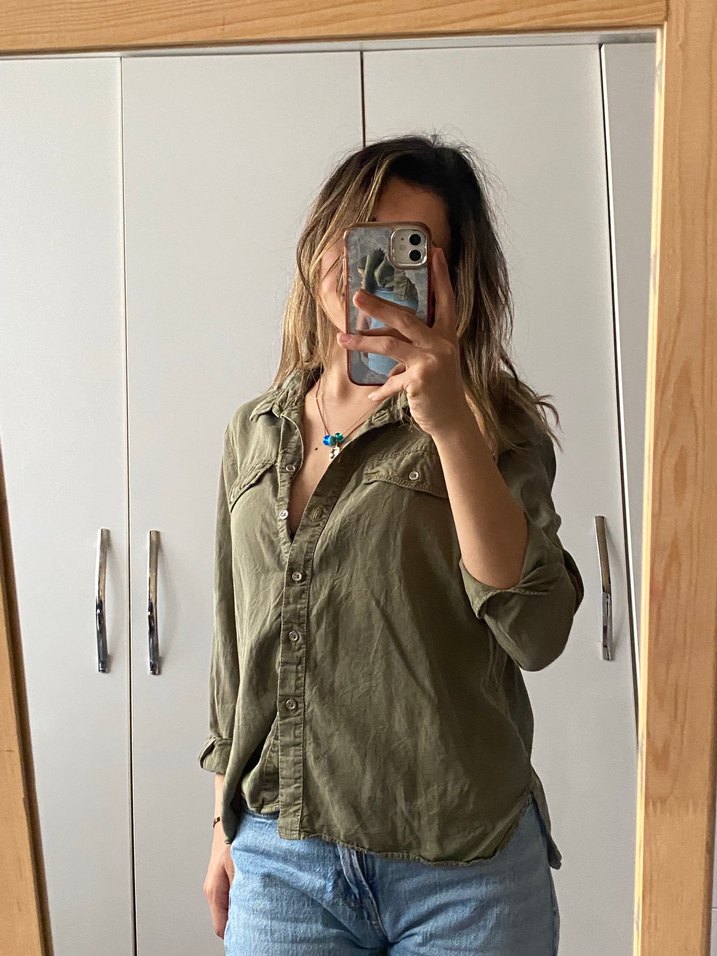 Haki Kadın Denim Gömlek - Görsel 3