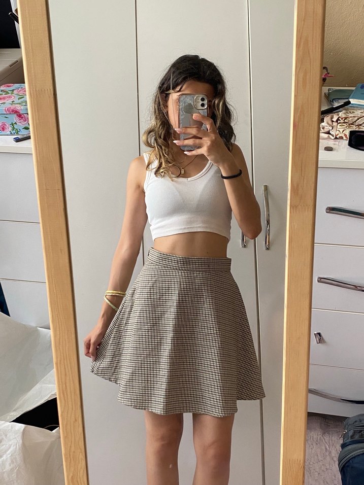 Bej Ekose Desenli Kısa Etek - Görsel 3