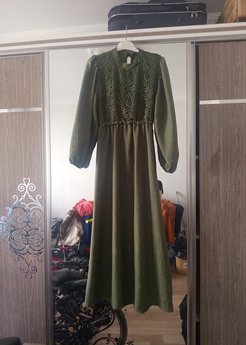 Diğer Uzun Kollu, Nakışlı Haki Bohem Elbise