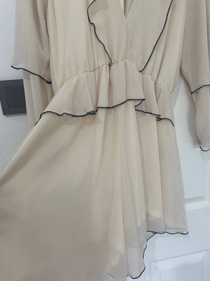 Bej V Yakalı Fırfırlı şifon Tulum - Görsel 5