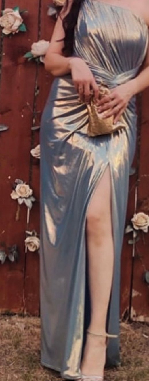 Gold&mavi Renk Uzun Drapeli Straplez Abiye Elbise - Görsel 2