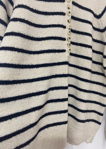 Çizgili Bej Kadın Triko Kazak - Görsel 2