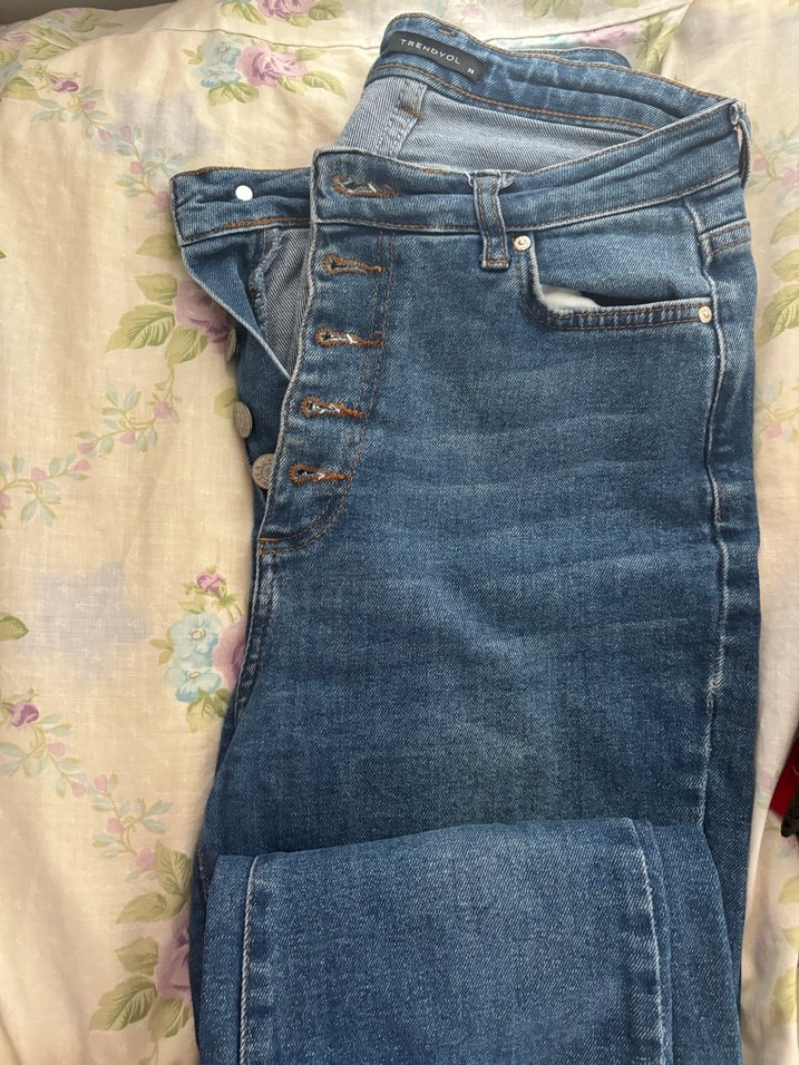 Düğmeli Mavi Denim Kadın Pantolon - Görsel 3