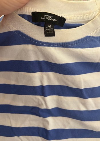 Mavi Çizgili Kadın Kısa Kollu Tişört - Görsel 2