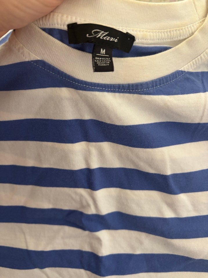 Mavi Çizgili Kadın Kısa Kollu Tişört - Görsel 2