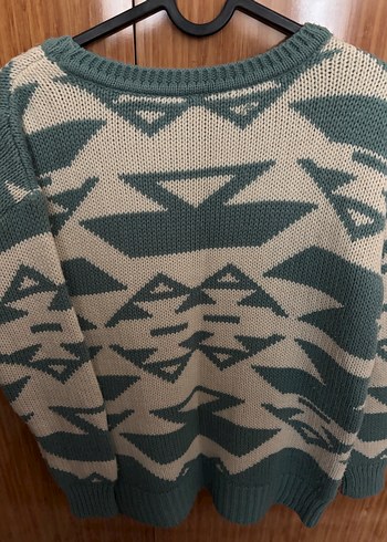 Bohem Tarz Turkuaz Gri Örgü Kadın Kazak - Görsel 2