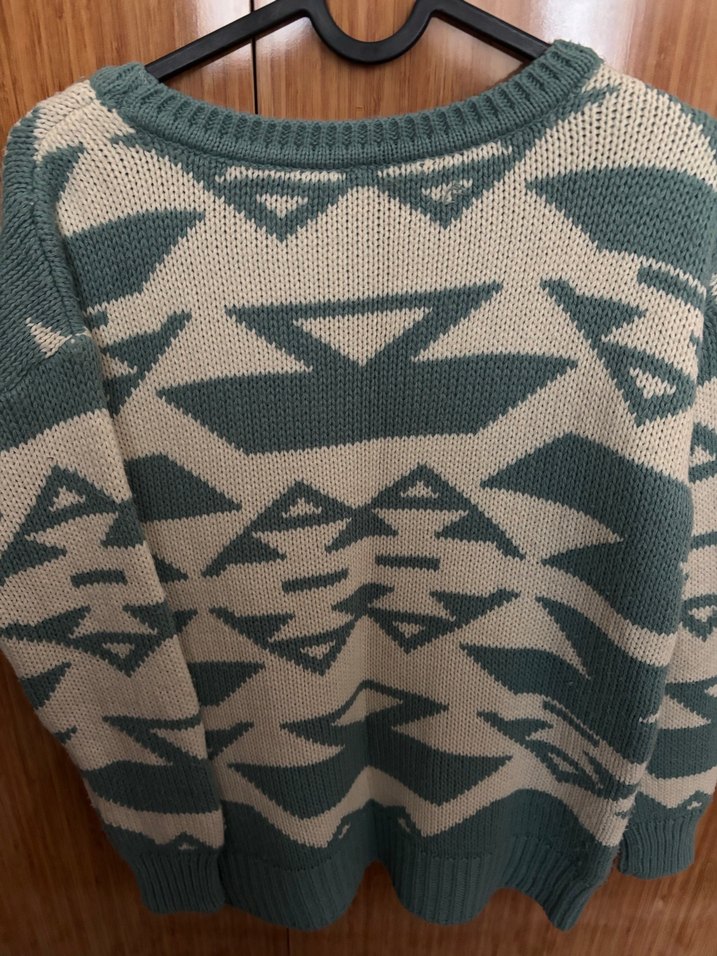 Bohem Tarz Turkuaz Gri Örgü Kadın Kazak - Görsel 2