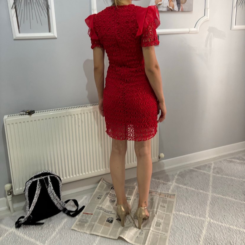 Dantel İşlemeli Kırmızı Mini Elbise - Görsel 2