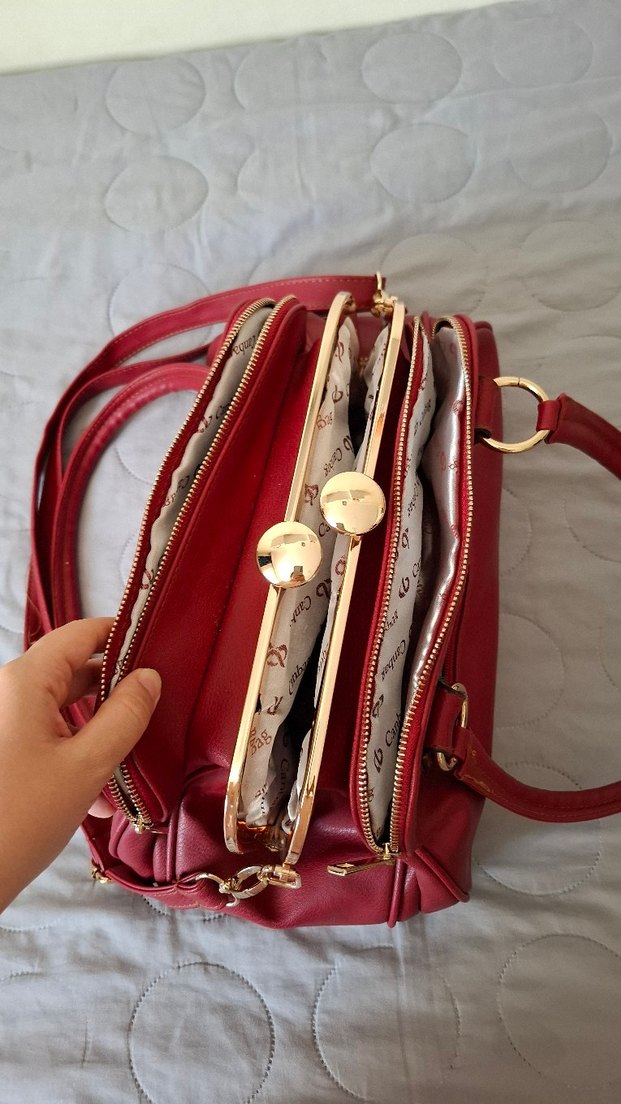 Bordo Deri Kadın Çanta Fermuarlı - Görsel 5