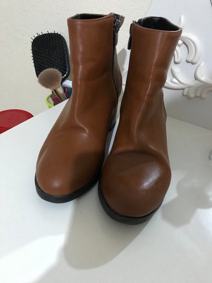 Kahverengi Deri Kadın Bot - Kalın Topuklu - Görsel 2