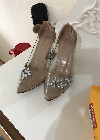 Bej Şeffaf Taşlı Yüksek Topuklu Kadın Ayakkabı - Görsel 2