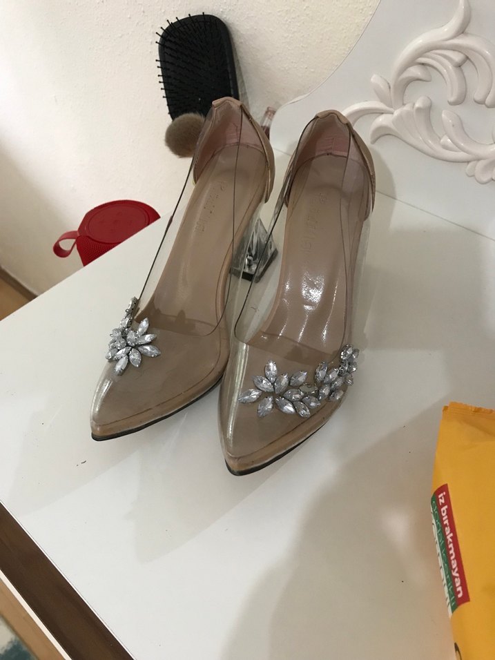 Bej Şeffaf Taşlı Yüksek Topuklu Kadın Ayakkabı - Görsel 2