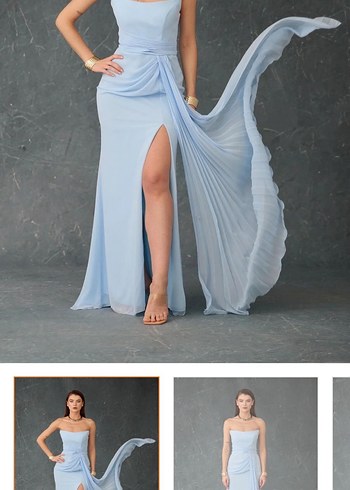 Mavi Drapeli Uzun Straplez Abiye Elbise - Görsel 2