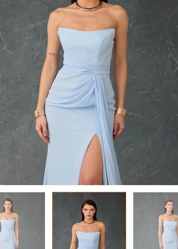 Mavi Drapeli Uzun Straplez Abiye Elbise - Görsel 4