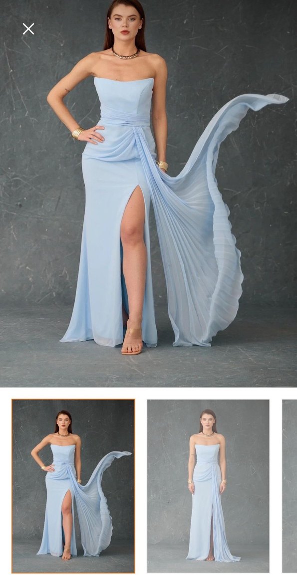 Mavi Drapeli Uzun Straplez Abiye Elbise - Görsel 2